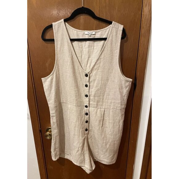 MADEWELL Women's Beige Linen V-Neck‎ Button-Down Romper SIZE 16 NF908 ($108) - Picture 2 of 4